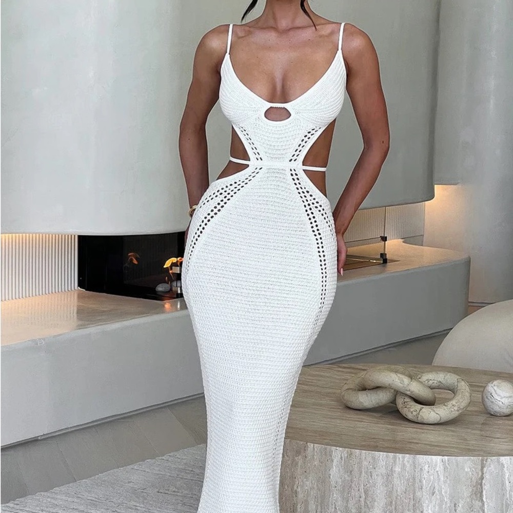 Backless White Crochet Maxi Dress